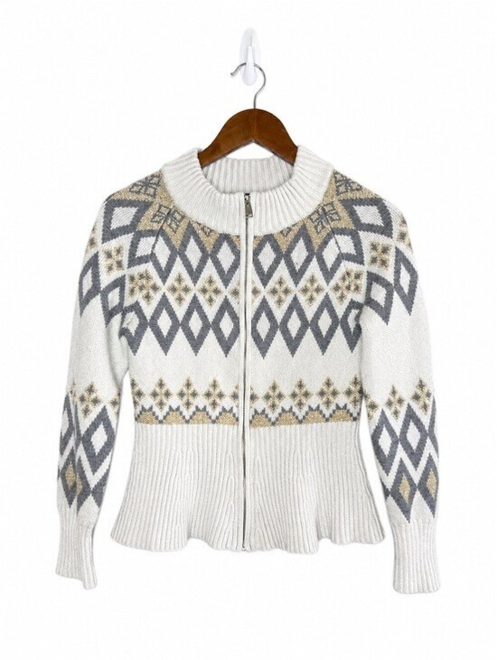 Boston Proper Women's Fair Isle Front Zip Ivory Gray Gold Peplum Hem Sweater XS